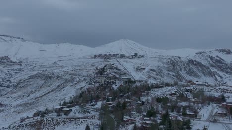 Aerial-establishing-shot-of-Farellones-with-El-Colorado-Ski-Resort-in-the-background