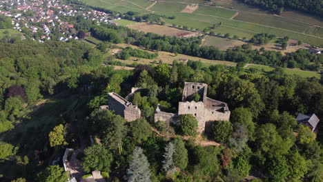 Daytime-aerial-tilt-down-over-Badenweiler-castle-ruins-on-forested-hill