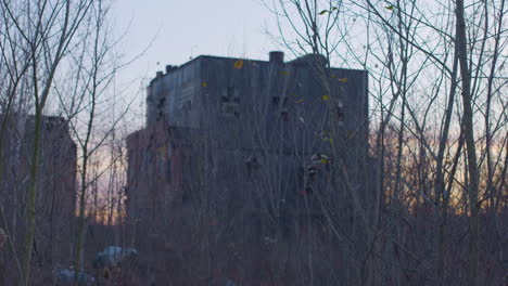 abandoned-industrial-building-surrounded-by-dead-foilage-at-sunset