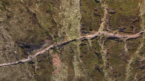 Two-hikers-walking-through-wild-moorland,-drone-Birds-Eye-view