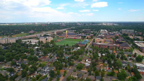 Drone-Flyover-of-University-of-Denver-College-campus-located-in-Denver,Colorado,-USA