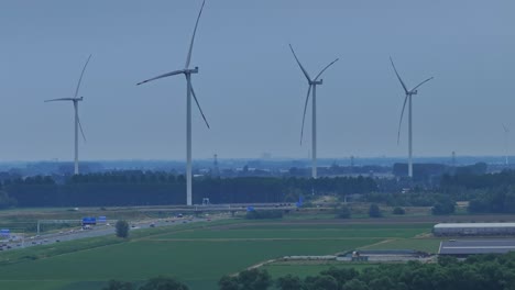 Wind-Turbines-At-Wind-Park-On-A-Foggy-Sunrise-In-Moerdijk,-Netherlands