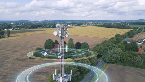 Netzwerk-,-Telefonverbindungs--Und-Übertragungssignalturm-Sendet-Schockwellen-An-Daten-In-Ländlicher-Landschaft