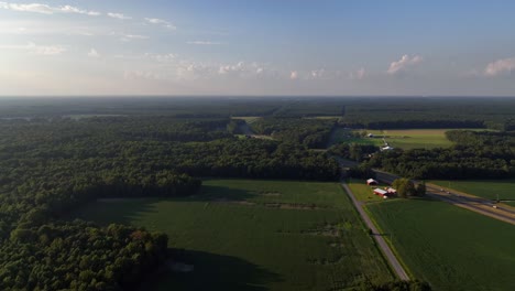 An-aerial-view,-high-over-vast-farmlands-and-trees-in-Delaware-on-a-sunny-day