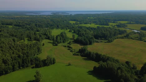 Latgale-Hermoso-Panorama-Del-Paisaje-Báltico-De-Drones-Con-Campo-Forestal-Y-Lago