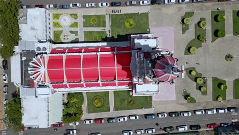 Aerial-top-down-view-over-Sacred-Heart-of-Jesus-Church,-Moca,-Dominican-Republic