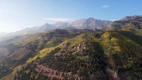 A-high-flying,-slow-rotating-drone-shot,-over-mountain-peaks-of-the-Rocky-Mountains,-near-Telluride,-Colorado,-on-a-sunny-day-in-the-Fall-season