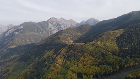 A-high-flying,-slow-moving-drone-shot,-over-mountain-peaks-of-the-Rocky-Mountains,-near-Telluride,-Colorado,-on-a-sunny-day-in-the-Fall-season