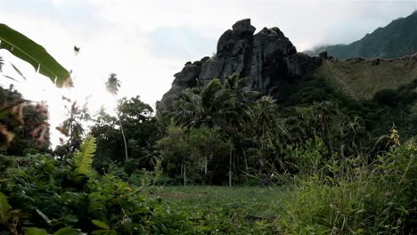 Paisaje-Rocoso-único-De-La-Isla-Fatu-Hiva-En-El-Pacífico-Sur-De-Marquesas-Con-Palmeras-Tropicales