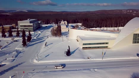 4K-Drone-Video-of-Museum-at-University-of-Alaska-Fairbanks-on-Snowy-Winter-Day
