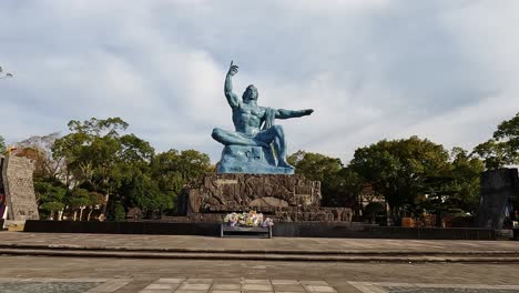 The-Peace-Statue-in-Nagasaki-Peace-Park,-Nagasaki,-Japan