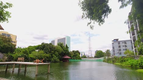 Beautiful-Lake-in-the-City-of-Bangkok-at-a-Cafe-with-a-Wooden-Platform-with-Seating