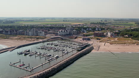 Panoramic-Aerial-View-Of-Marina-Of-Cadzand-City-In-Zeeland,-The-Netherlands