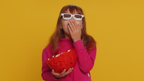 Excited-child-girl-kid-eating-popcorn,-watch-tv-serial,-sport-game,-film,-online-social-media-movie
