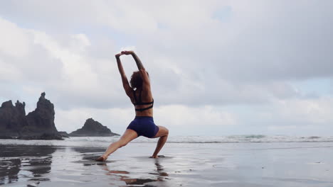 With-a-tranquil-ocean-backdrop,-a-young,-slim-woman-practices-slow-motion-stretching-and-yoga,-her-eyes-fixed-on-the-distant-horizon