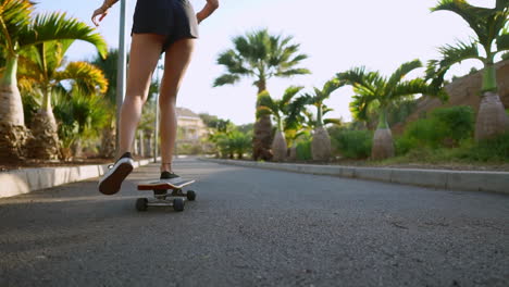 Riding-her-skateboard-into-the-sunset,-a-woman's-smile-brightens-the-path-through-the-park-adorned-with-palm-trees-and-sand.-Happy-people,-embodying-a-healthy-lifestyle