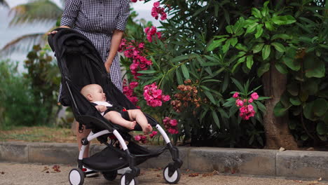During-the-summer-season-in-a-park-adorned-with-blooms,-a-young-mother-takes-a-serene-walk-with-her-baby-in-a-stroller.-Her-joy-is-evident-while-walking-alongside-her-son