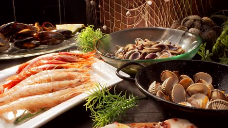 Various-seafood-dishes-served-on-table