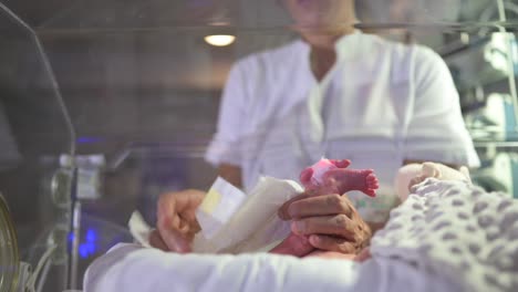 Nurse-gently-touching-fragile-newborn-in-neonatal-incubator