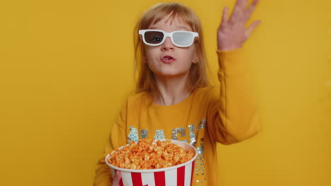 Excited-child-girl-kid-eating-popcorn,-watch-tv-serial,-sport-game,-film,-online-social-media-movie