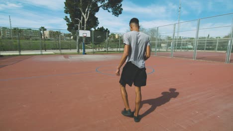 Black-athlete-dribbling-and-shooting-basketball-ball