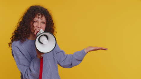 Woman-talking-with-megaphone,-proclaiming-news,-loudly-announcing-advertisement-pointing-empty-place