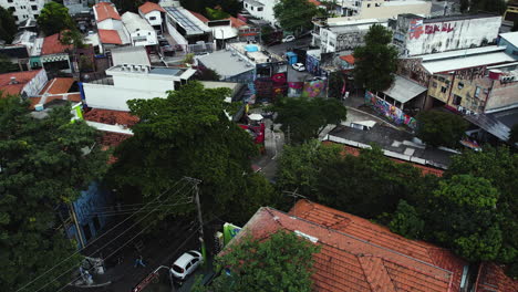 Aerial-view-around-the-Beco-do-Batman-Alley,-in-cloudy-Vila-Madalena,-Sao-Paulo,-Brazil