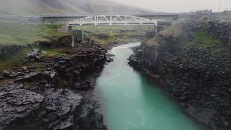 Drohnenaufnahme-Eines-Blaugrünen-Isländischen-Flusses-Und-Einer-Brücke