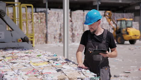 Man-in-hardhat-with-tablet-controls-paper-bales-at-recycling-facility
