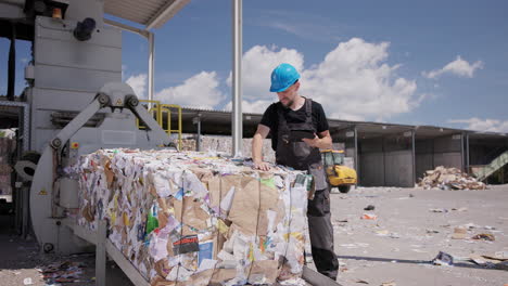 Worker-inspects-paper-bales-at-outdoor-recycling-facility,-full-shot