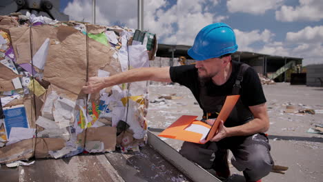 Worker-squats-and-inspects-paper-bale-at-recycling-facility,-slomo-pan