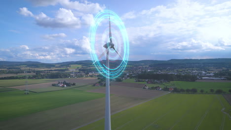 Digital-energy-lines-show-rotating-propeller-of-wind-turbine-in-sunny-agricultural-landscape