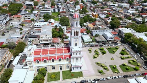 Sacred-Heart-of-Jesus-Church-With-Landscaped-Garden-In-Moca,-Dominican-Republic