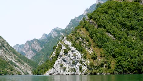 Albania,-Lake-Koman,-view-from-the-ferry-of-the-green-shoreline-and-mountain-peaks