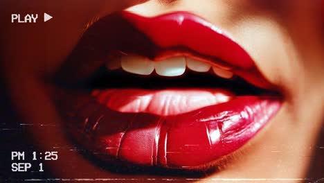 Fake-VHS-tape-animation:-the-painting-of-a-pair-of-female-red-lips,-sensual-and-static