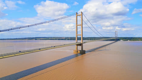 An-aerial-drone-video-highlights-Humber-Bridge,-12th-largest-single-span-suspension-globally