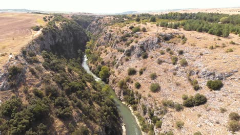 Faraggi-Aggiti,-Serres-Greece,-Agitis-Canyon-Gorge-with-River-Aerial-Panning-Shot