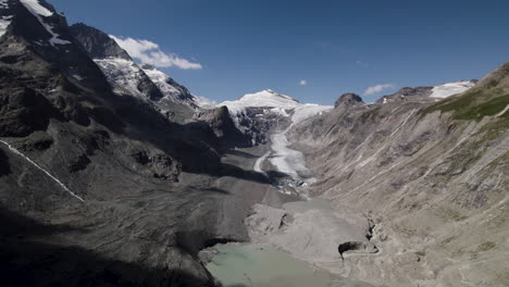 Retreating-glacier-due-to-global-warming,-Austrian-longest-and-fastest-melting-glacier-Pasterze-at-the-foot-of-the-Grossglockner-Mountain,-Drone-shot