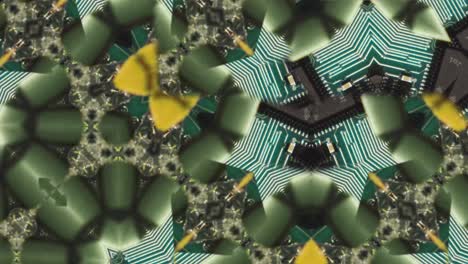 Quick-flashing-yellow-green-black-kaleidoscope-mandala-pattern-of-circuit-board