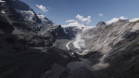 Panoramic-view-of-Pasterze-glacier-with-Grossglockner-massif-and-Johannisberg-peak,-Retreating-glacier-landscape-covered-in-moraine-due-to-global-warming