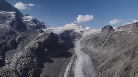 Panoramic-view-of-disappearing-mountain-glacier-from-the-Austrian-Alps,-Drone-shot