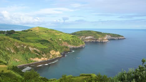 View-of-the-coastline-and-port-of-Santa-Iria-from-the-Miradouro-de-Santa-Iria-lookout-in-San-Miguel-Island,-The-Azores,-Portugal