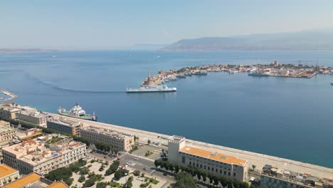 Boat-Arrives-in-Port-of-Messina---Beautiful-Aerial-View