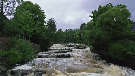 Rapids-surrounded-by-trees-in-Helsinki,-Finland
