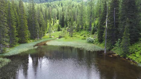 Slow-drone-flight-over-crystal-clear-mountain-lake-in-lush-coniferous-forest-in-Tyrol