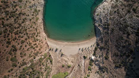 Varvarousa-peaceful-cove-in-syros-greece-coastal-island-getaway,-Aerial-top-down-bird's-eye-view
