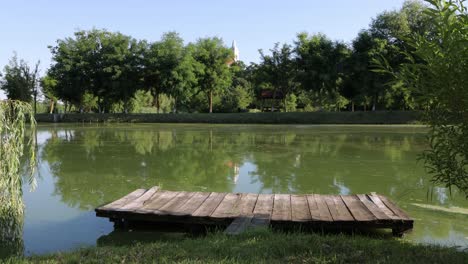 Small,-empty-dock-on-calm-fish-pond,-sunny-day