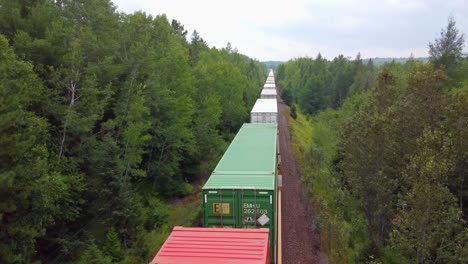 Intermodaler-Containerzug,-Der-An-Einem-üppigen-Baumwald-In-Ontario,-Kanada,-Vorbeifährt