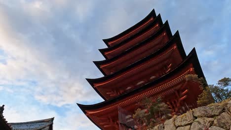 Toyokuni-Shrine-five-story-pagoda-at-Miyajima,-Hiroshima,-Japan