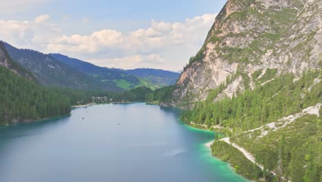 Pristine-mirror-like-Pragser-Wildsee,-natural-lake.-Tyrol,-Italy